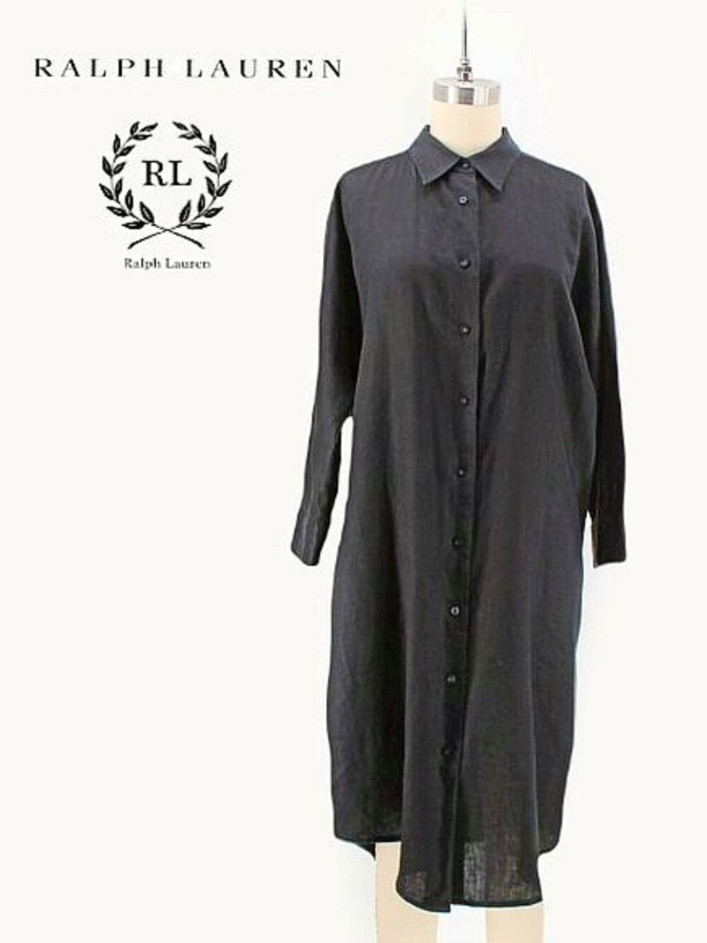 Ralph Lauren LRL Black Linen Shirt Dress Button Down Long 3/4 Batwing Bias Cut 8